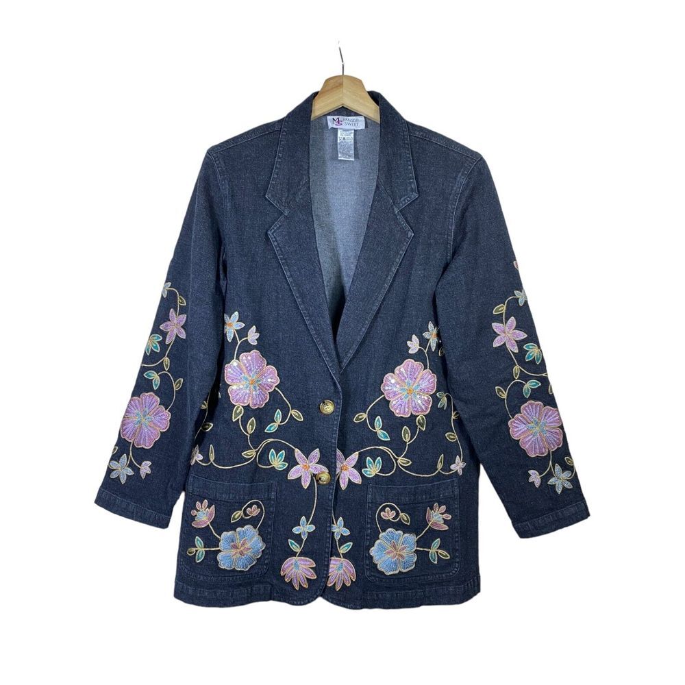 Vtg Maggie Sweet Jean Blazer Jacket Women‎ M Black Floral Embroidered Sequin Art